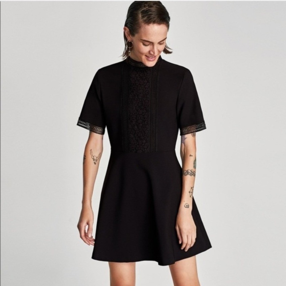 Zara Woman Black Lace Bib Mock Neck Fit and Flare Mini Dress NWOT Size Medium